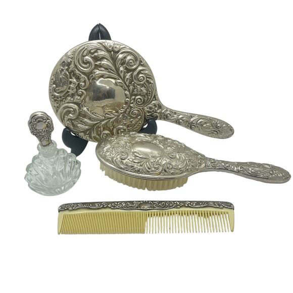 Vintage Silver Tone Carved Vanity Set Mirror Brush Perfume - Picture 4 of 16